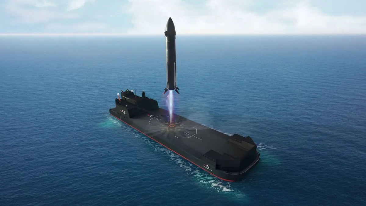 Eine schwarze Rakete landet auf einer Barkasse auf See für Rocket Lab.