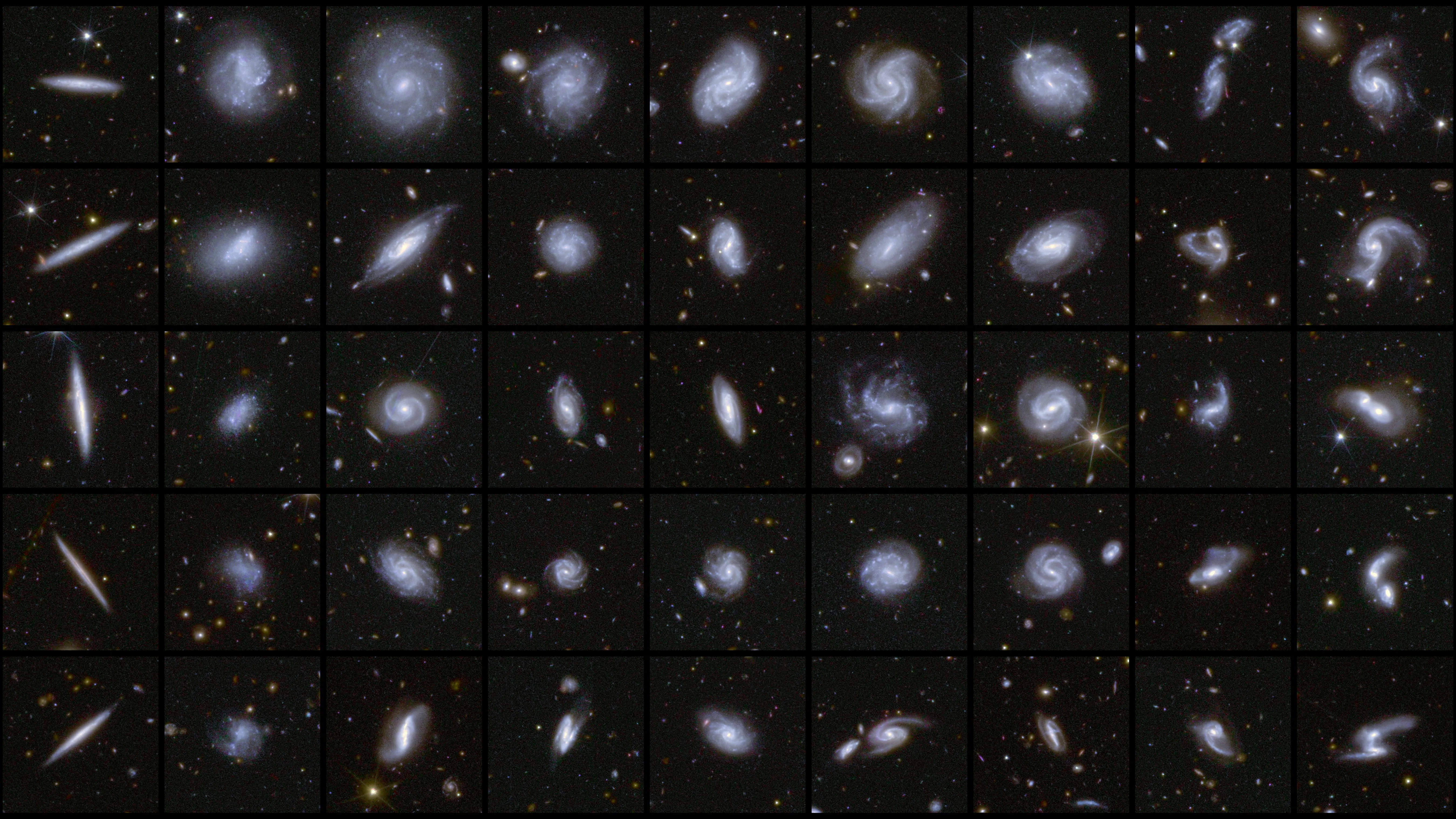Eine Collage aus neun mal fünf Quadraten, die Galaxien in vielen verschiedenen Formen und aus unterschiedlichen Blickwinkeln zeigt. Zum Beispiel zeigt die erste Spalte fünf Kanten-Galaxien, die dünn wie ein Bleistift erscheinen. Die Galaxien in der zweiten Spalte haben ein verschwommeneres, diffuseres Aussehen. Die mittleren Spalten präsentieren Spiralgalaxien von vorne mit vielen verschiedenen Formen und Sternendichten. Die letzten beiden Spalten enthalten interagierende Galaxien oder Galaxien mit einem ungewöhnlichen Spiralarm oder Gezeitenschweif.