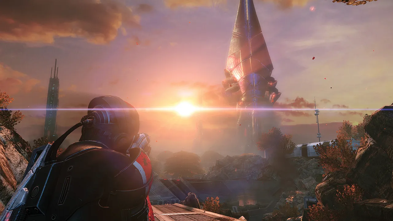 Ein Screenshot aus Mass Effect 3, der Commander Shepard von hinten zeigt, wie er einen massiven außerirdischen Reaper anstarrt, der aus dem Weltraum eindringt.