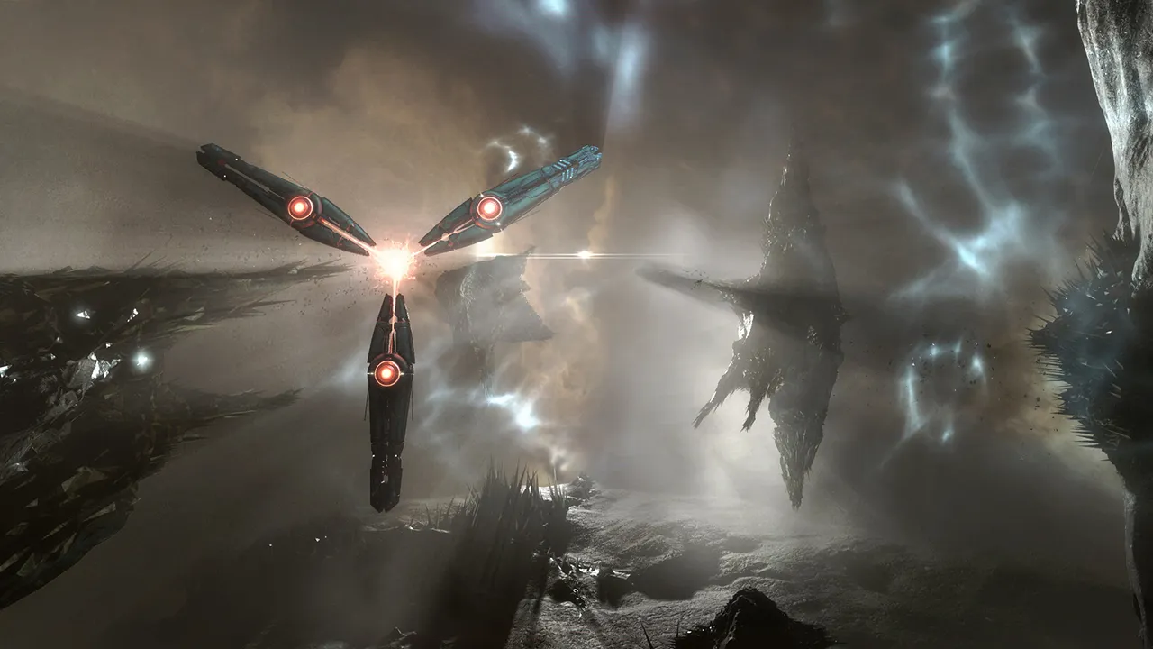 Raumschiffe fliegen durch einen Nebel in EVE Online.